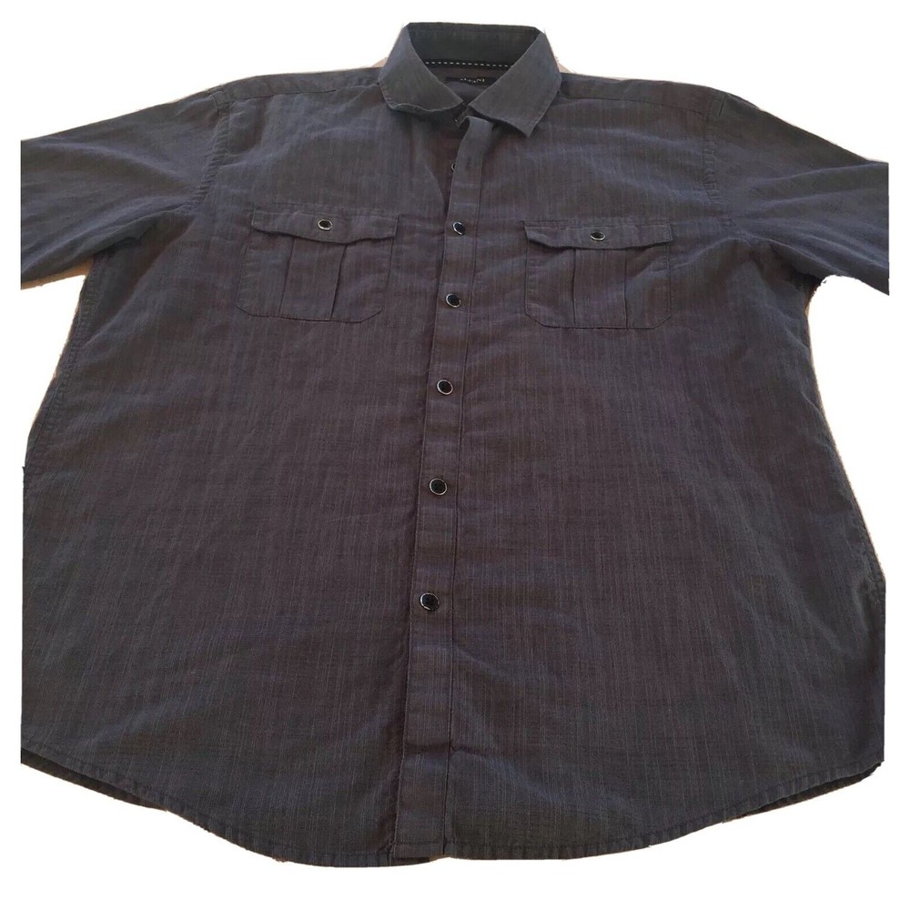 Alfani Mens Short Sleeve Button Down Shirt Charcoal Gray Textured Crosshatch L